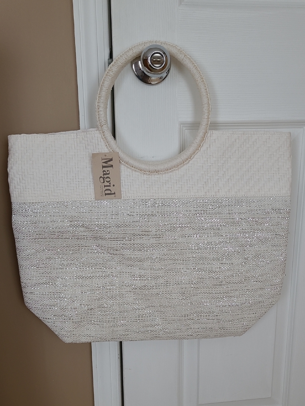 Magid White and Silver Circle-Handle Straw Tote